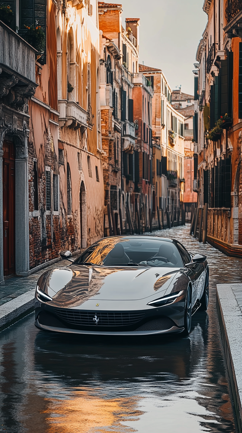 Ferrari Roma driving in Venice with historic buildings reflection.