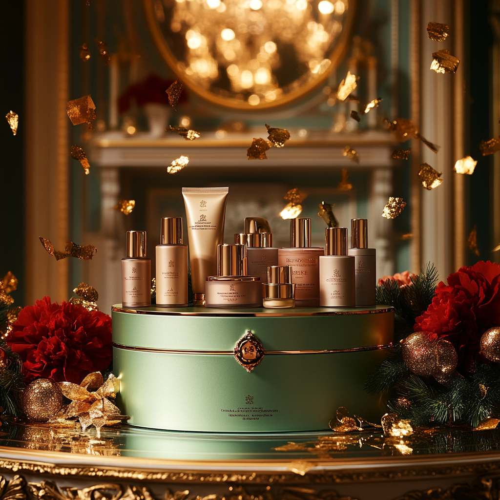 Festive Beauty Products Display in Ornate Gold Room