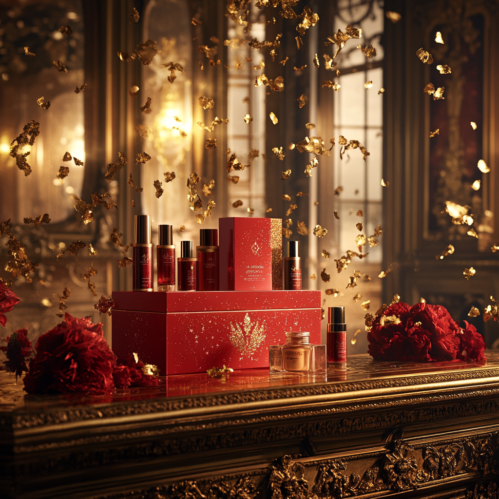 Festive Beauty Products Showcase in Ornate Gold Room