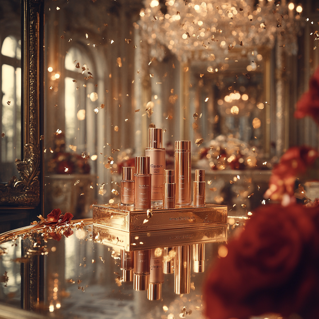 Festive Beauty Products in a Gold Room