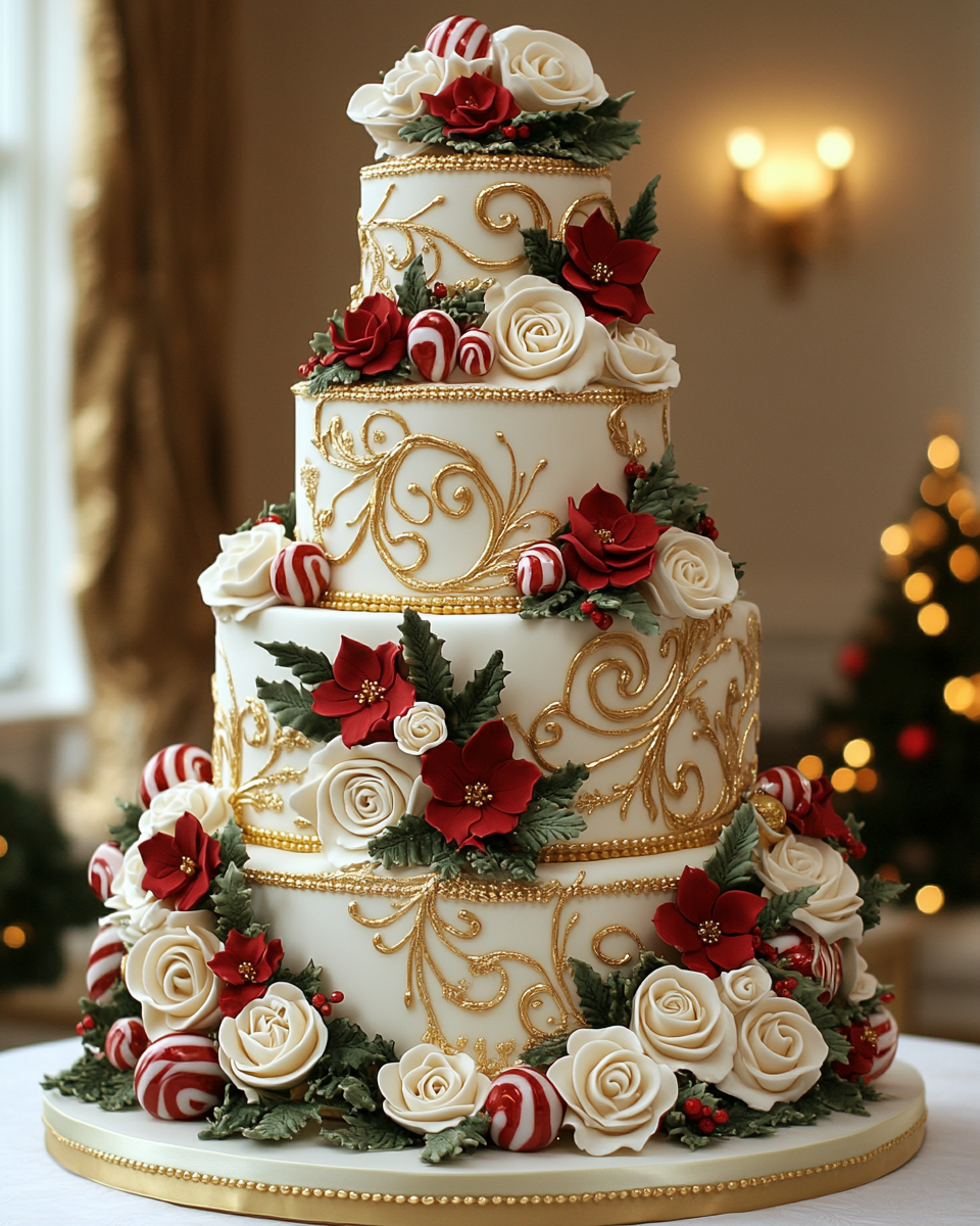 Festive Christmas wedding cake with gold accents