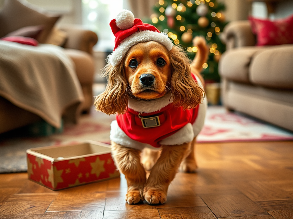 Festive Cocker Spaniel Charlie in Santa Suit