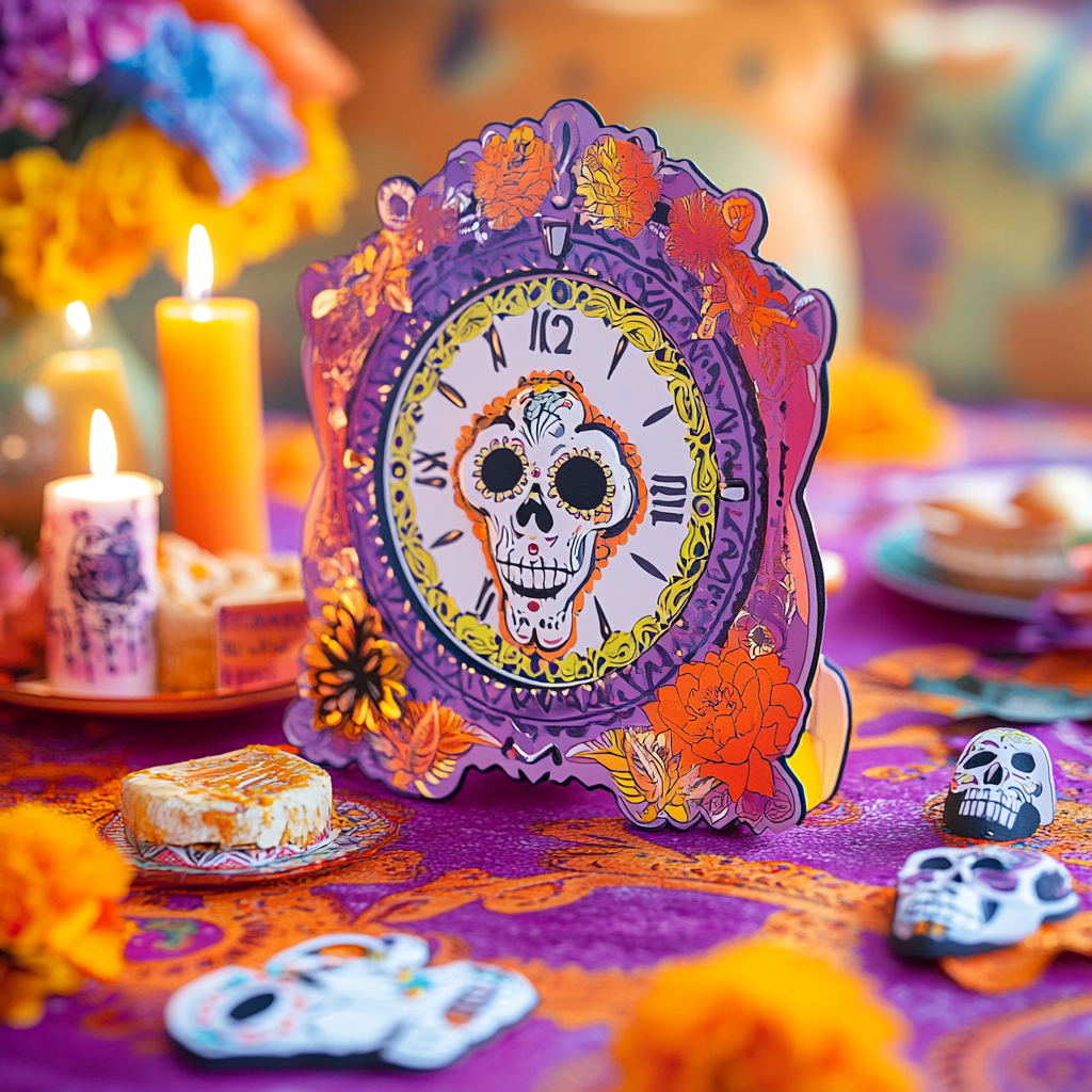 Festive Dia de los Muertos Decorated Clock Scene