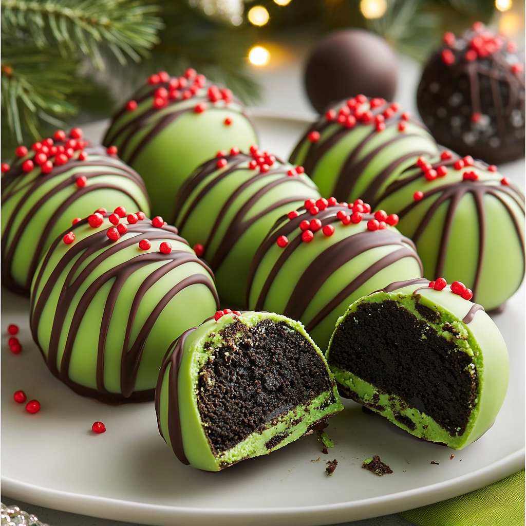 Festive Grinch-inspired Oreo truffle balls on display