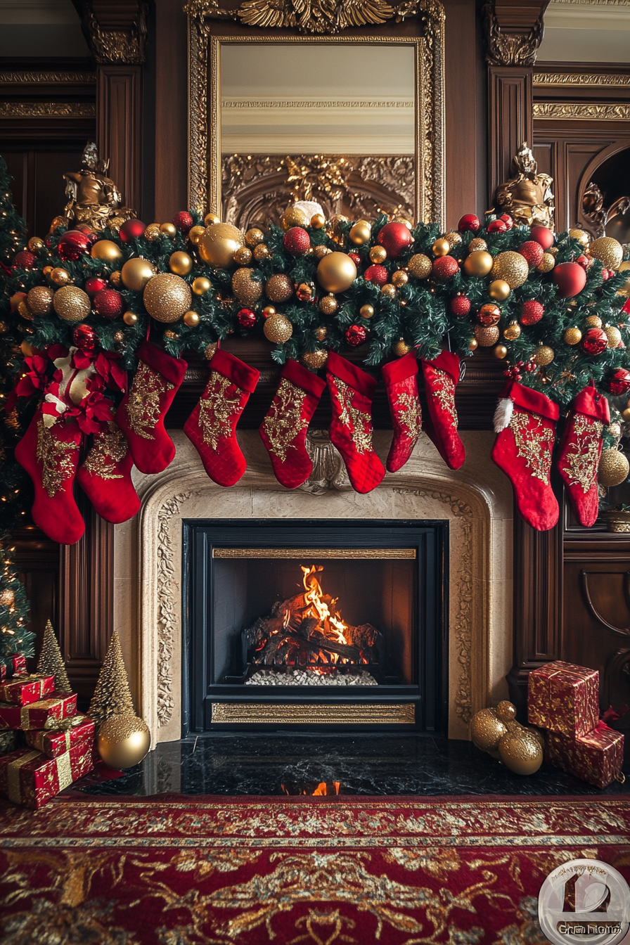 Festive Red and Gold Decorations Around Fireplace