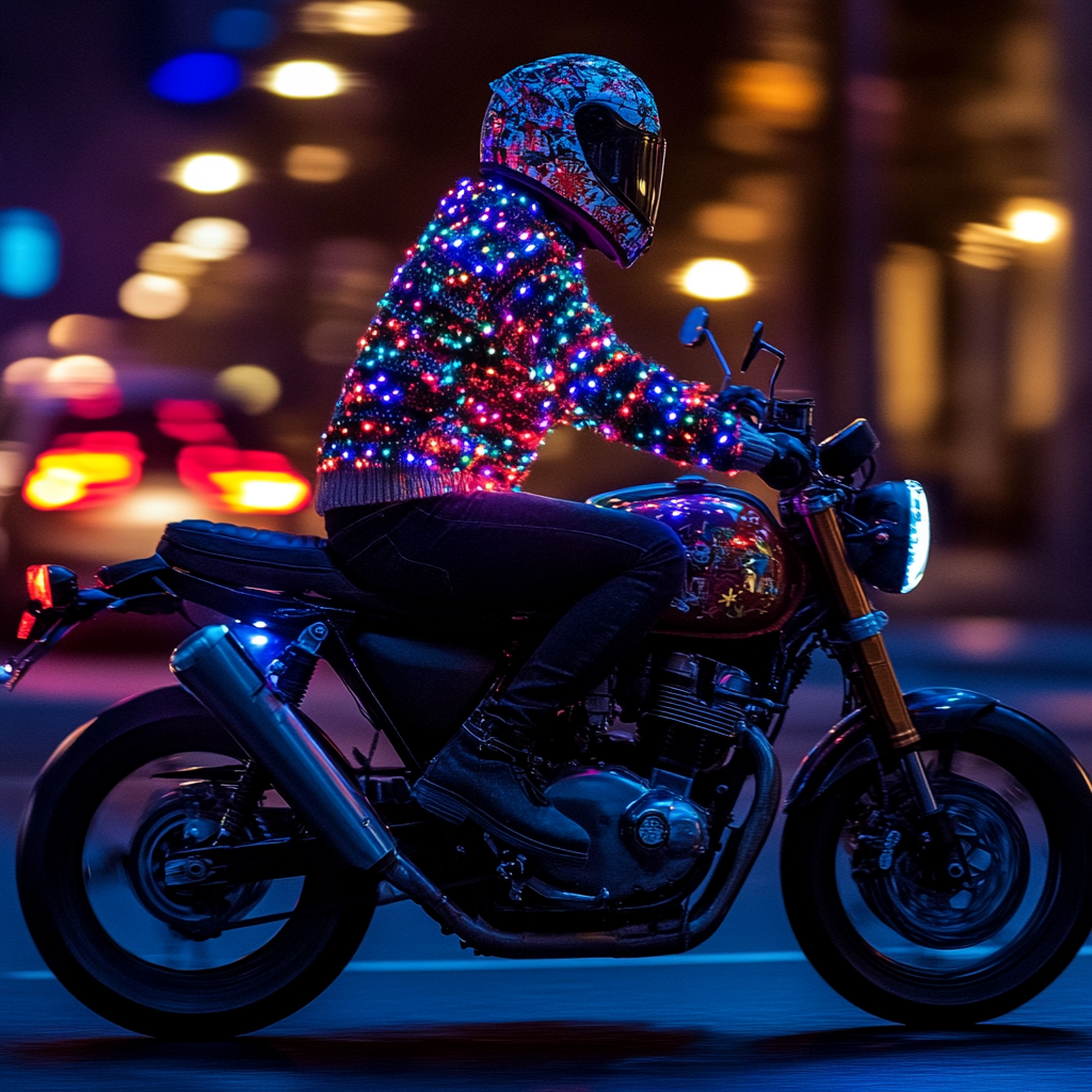 Festive Rider on Motorcycle in Urban Night