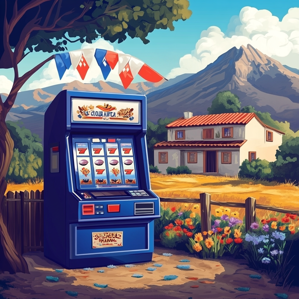 Festive Slot Machine with Chilean Colonial House Background 