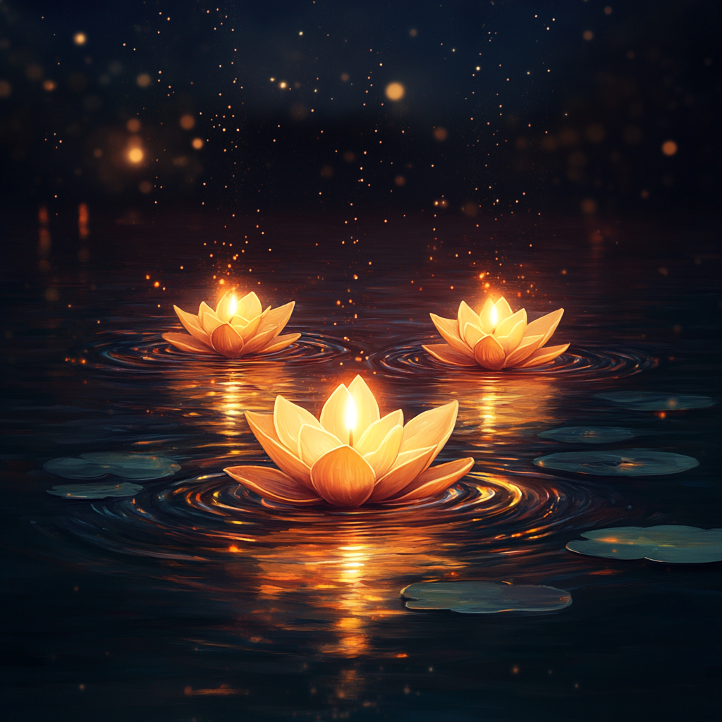 Festive banner with glowing lotus diyas on water