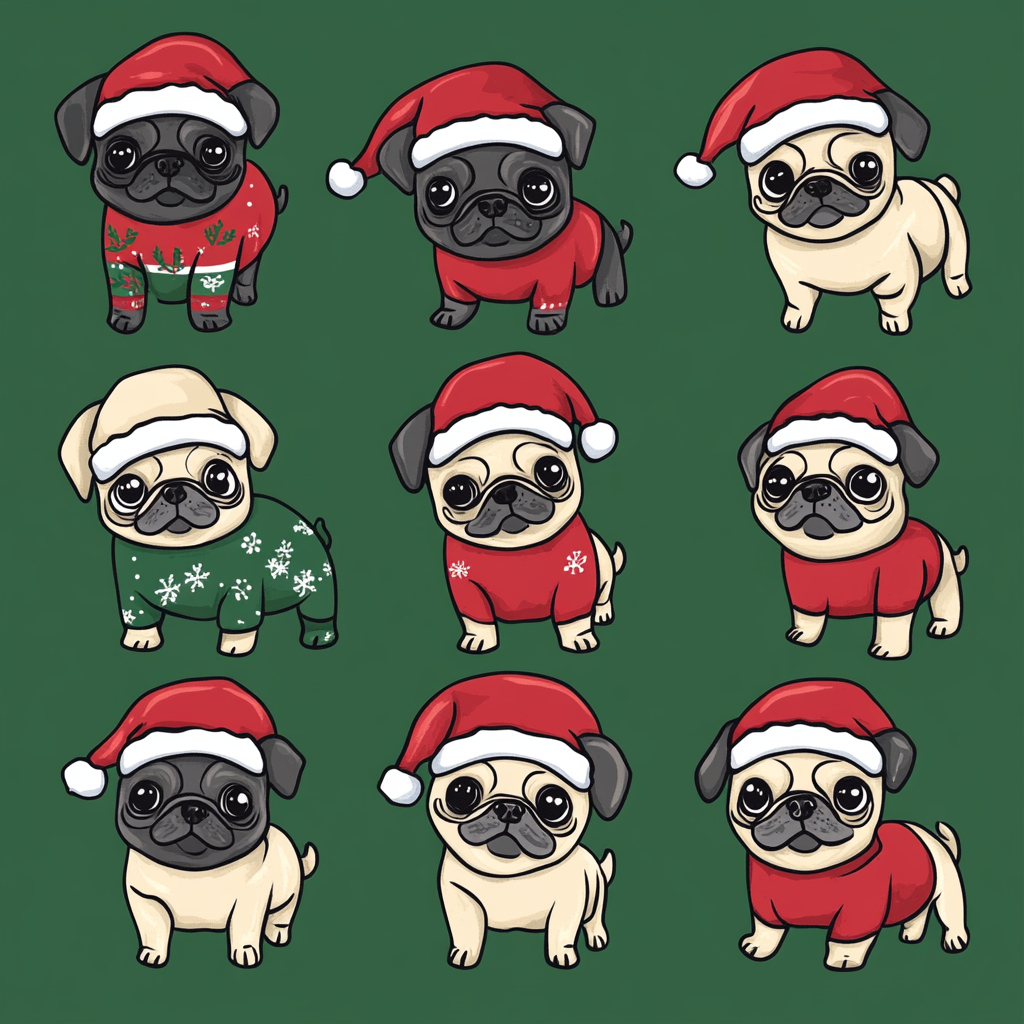 Festive cartoon pugs in Christmas attire.