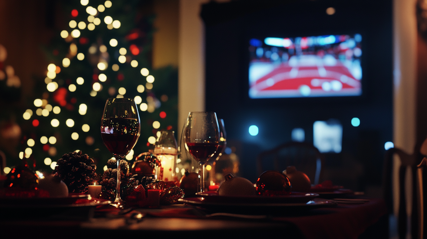 Festive dinner with basketball on TV, nostalgic ambiance.