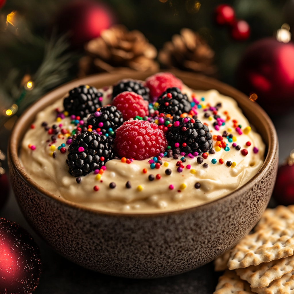 Festive holiday dessert with creamy dip and berries.