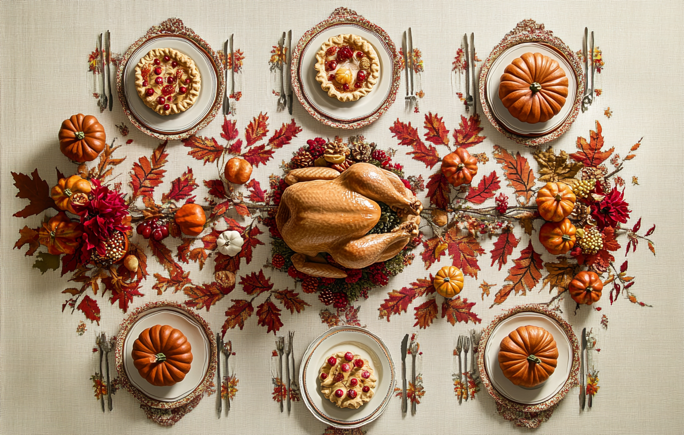 Festive holiday dinner table with traditional dishes.