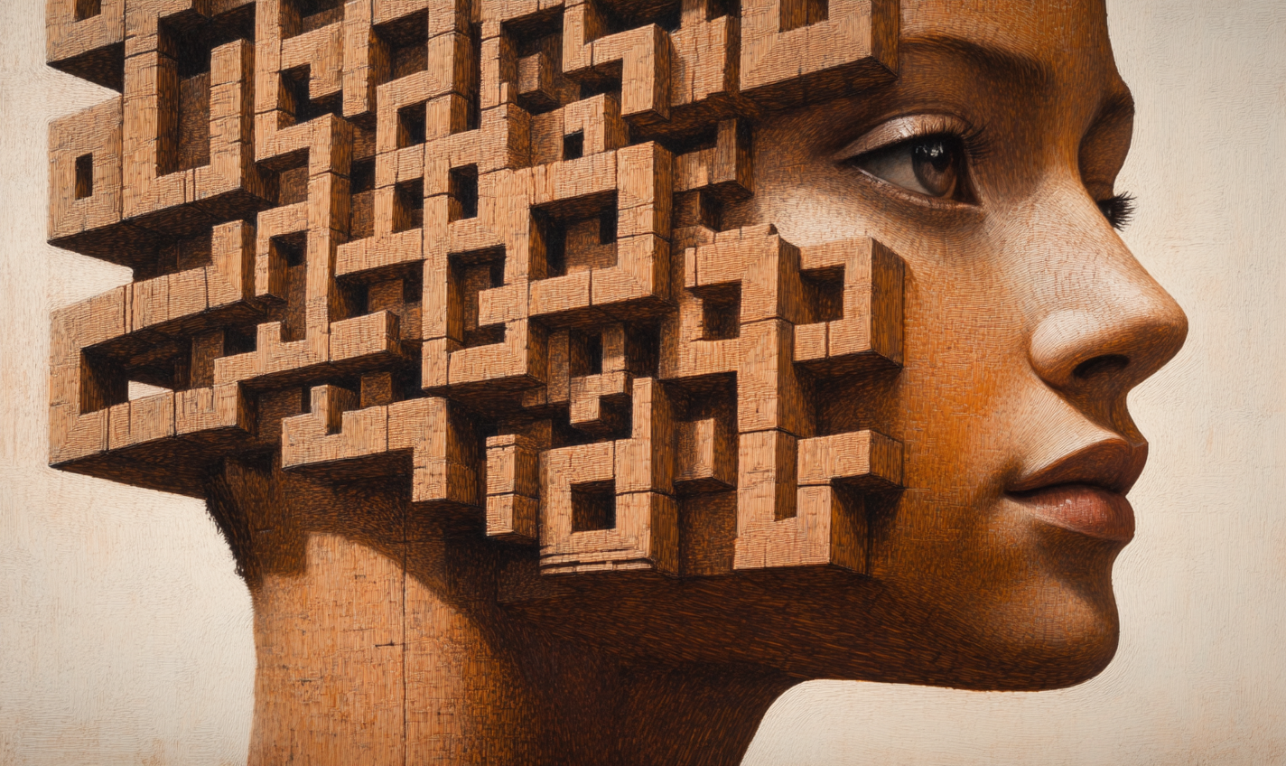 Fibonacci Division Oil Painting: Woman's Face Close Up - Abstract Voxel Style Engraving.