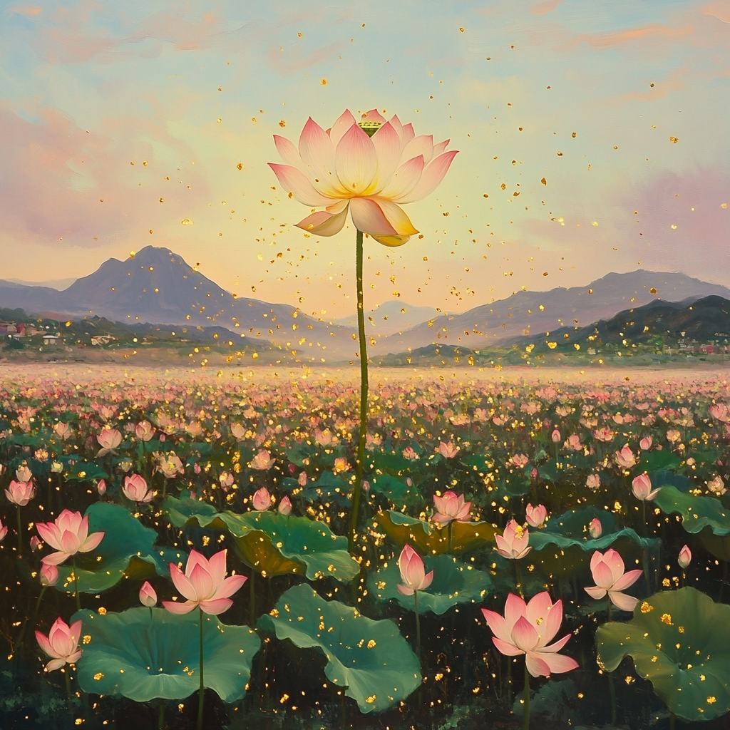 Field of blooming lotus flowers, one stands tall.