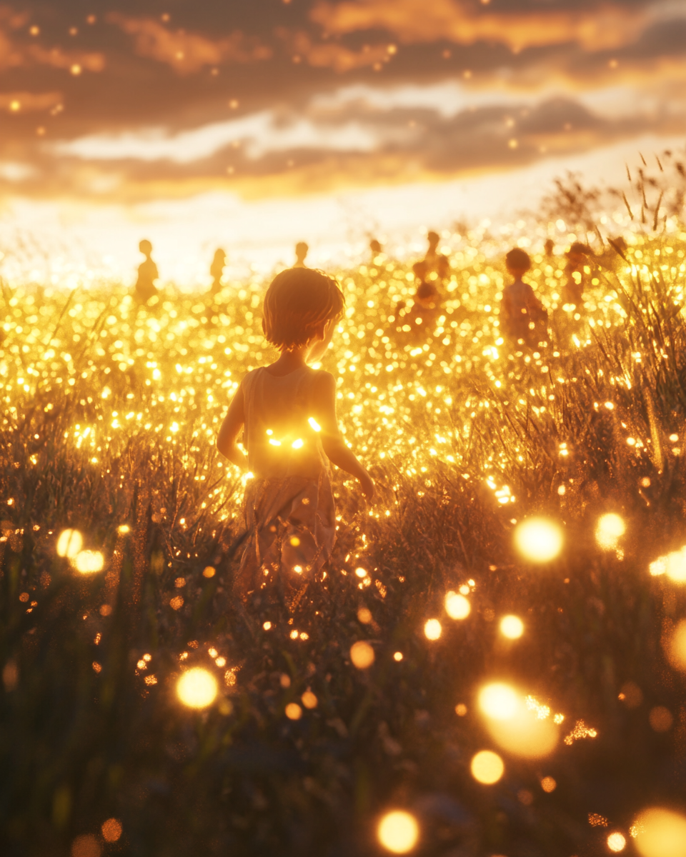 Field of children shining with light, golden sky above.