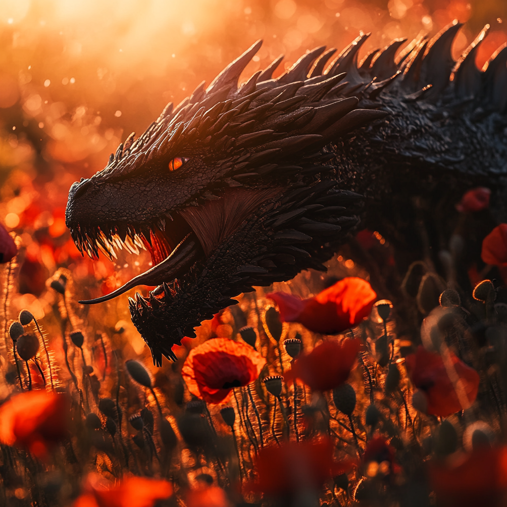 Field of poppies, black dragon's wide head behind flower.