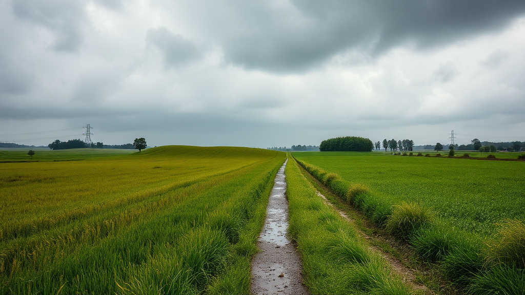 Field with a path in rainy landscape under clouds.