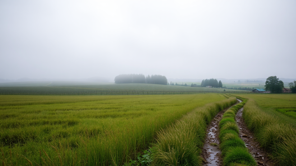 Field with path on rainy day.