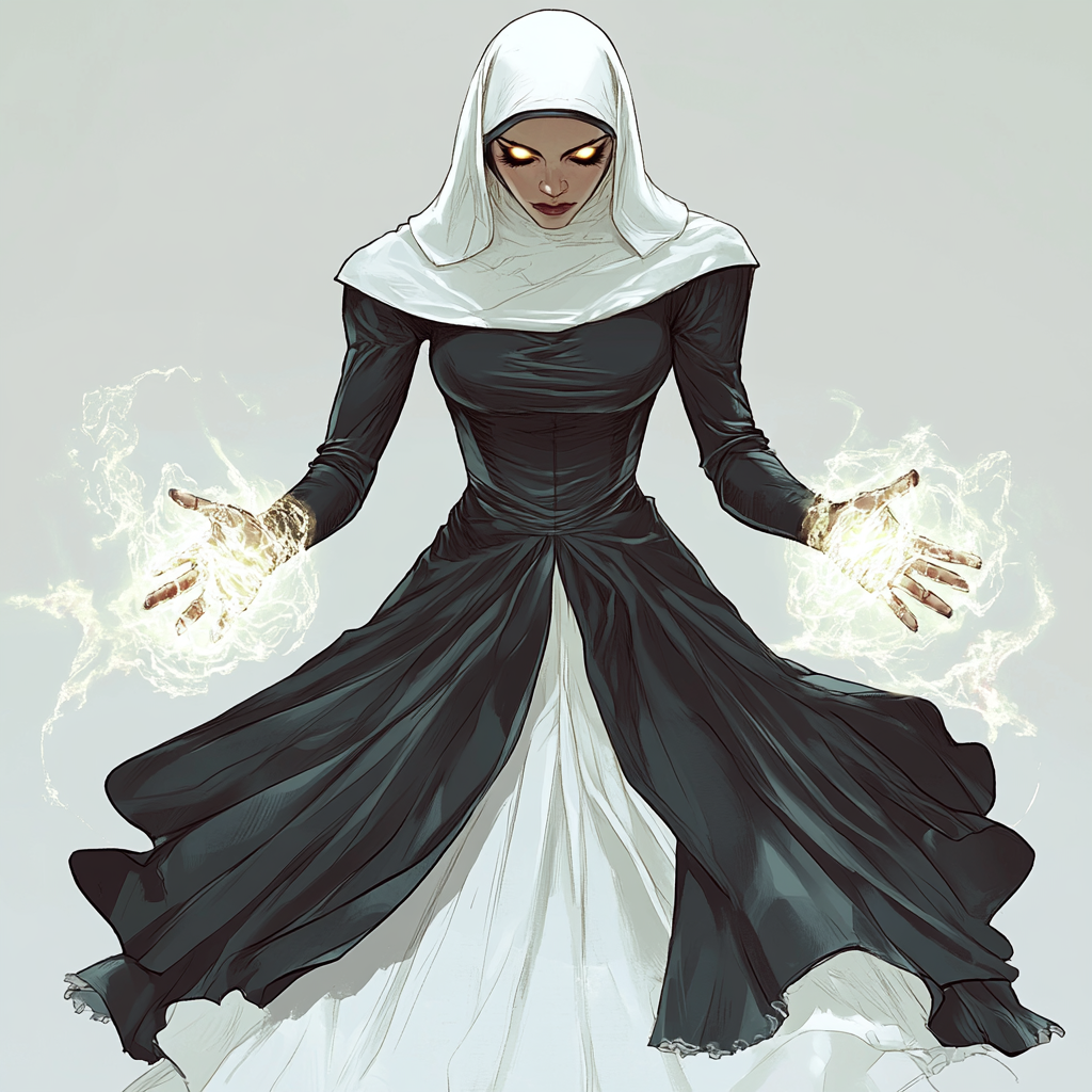 Fierce Catholic Nun Superhero with Glowing Hands Art