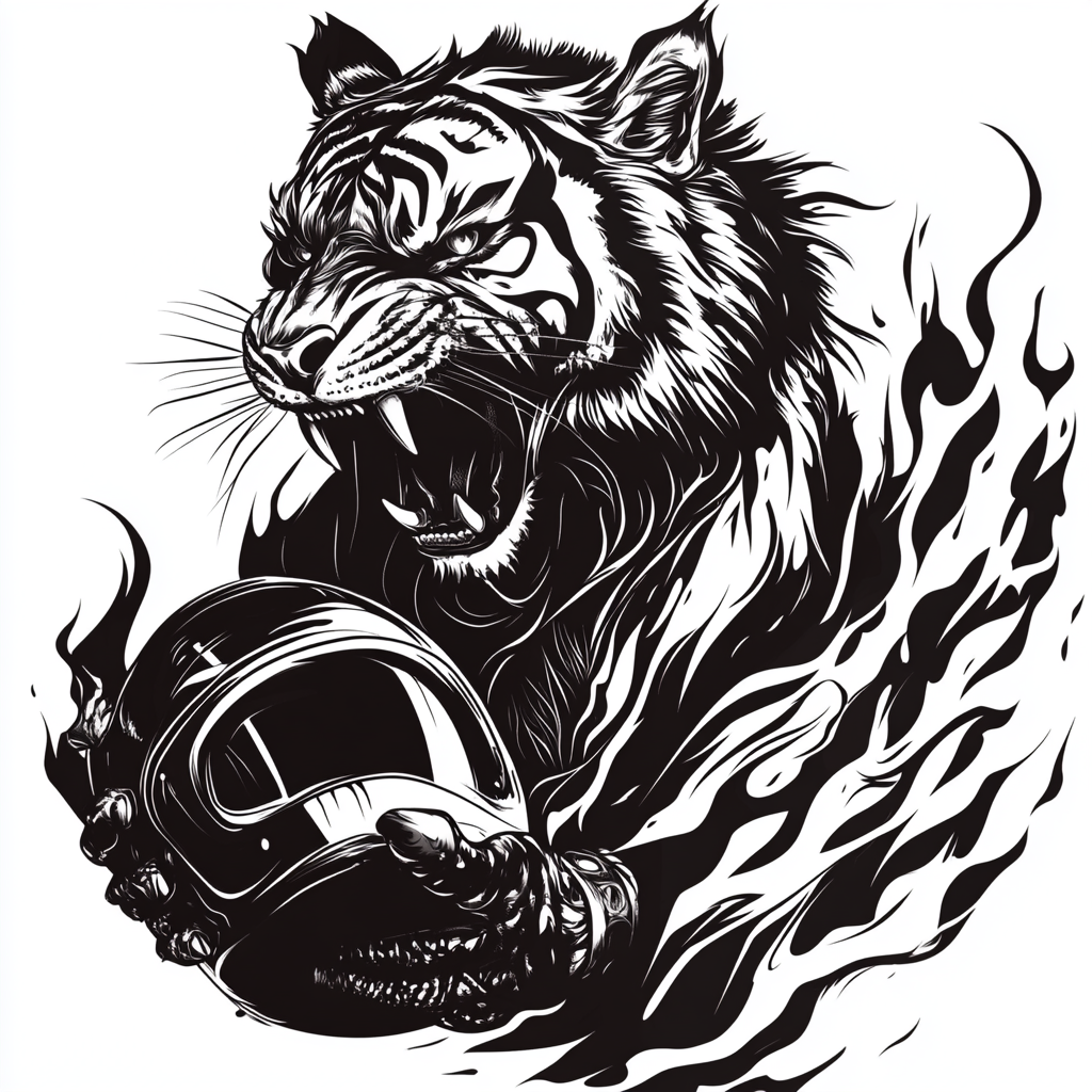 Fierce Tiger with Flaming Fur and Helmet