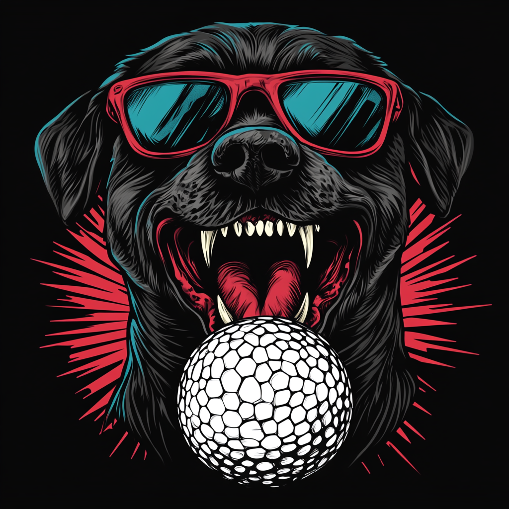 Fierce black Labrador Retriever biting golf ball, wearing sunglasses.