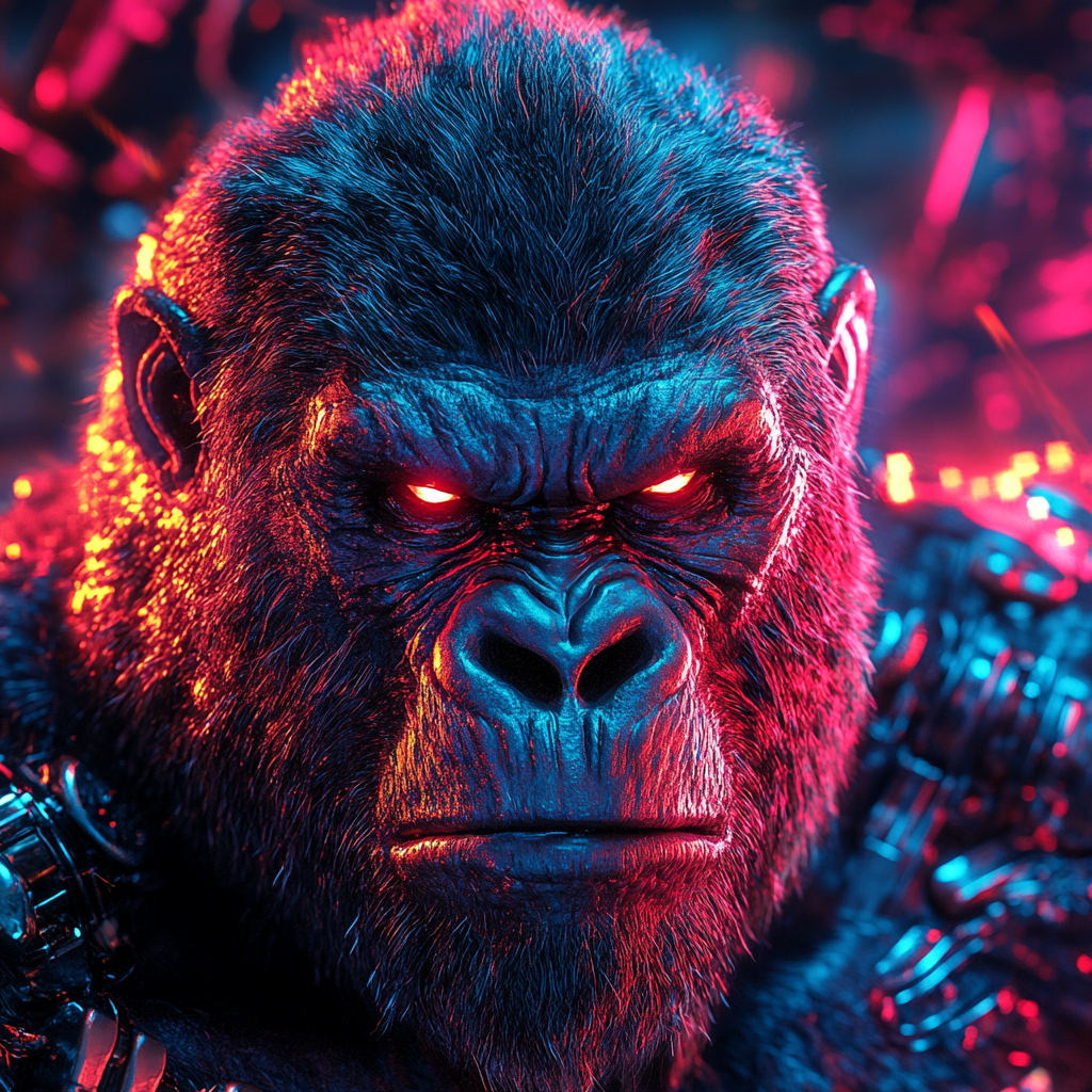 Fierce cyborg gorilla with angry look and energy.