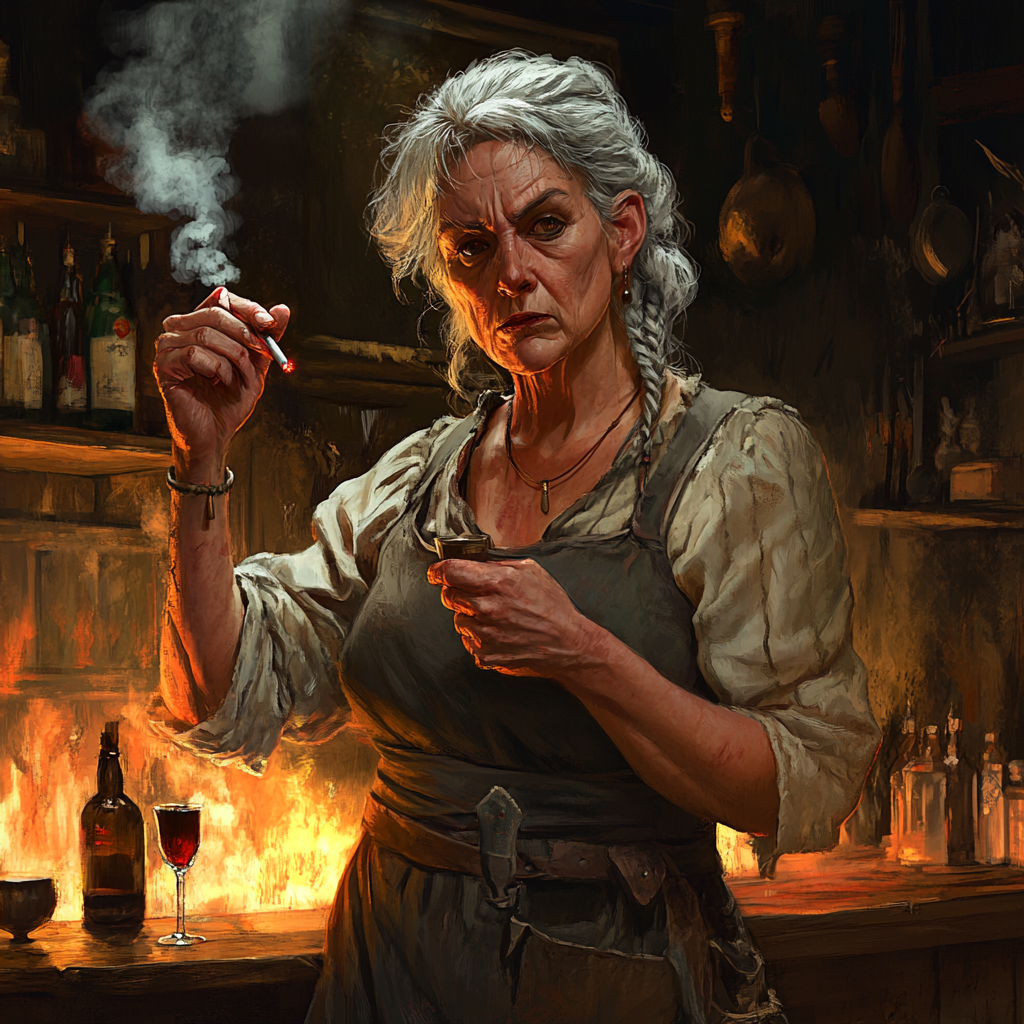 Fierce female tavern owner commands respect from patrons.