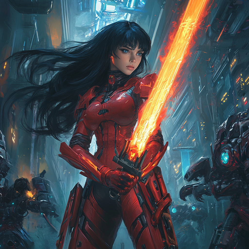 Fierce female warrior battles in sci-fi game