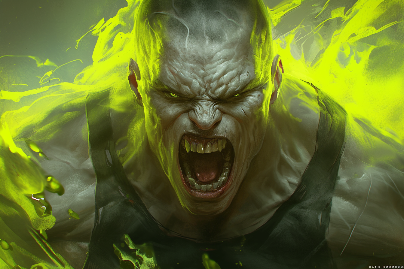 Fierce grey giant man with green energy rage face.