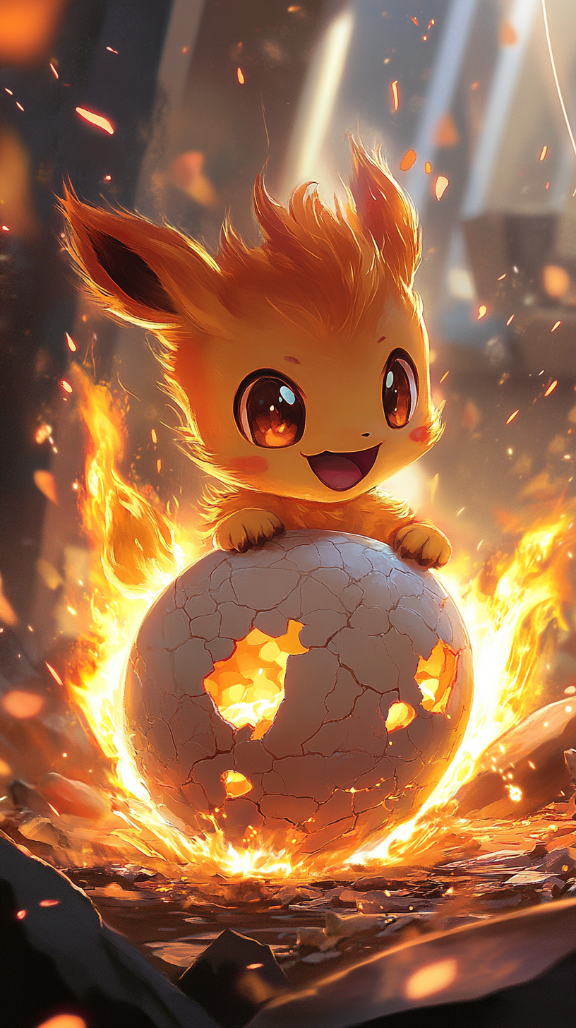 Fiery Chimchar emerging from cracked egg in glowing landscape