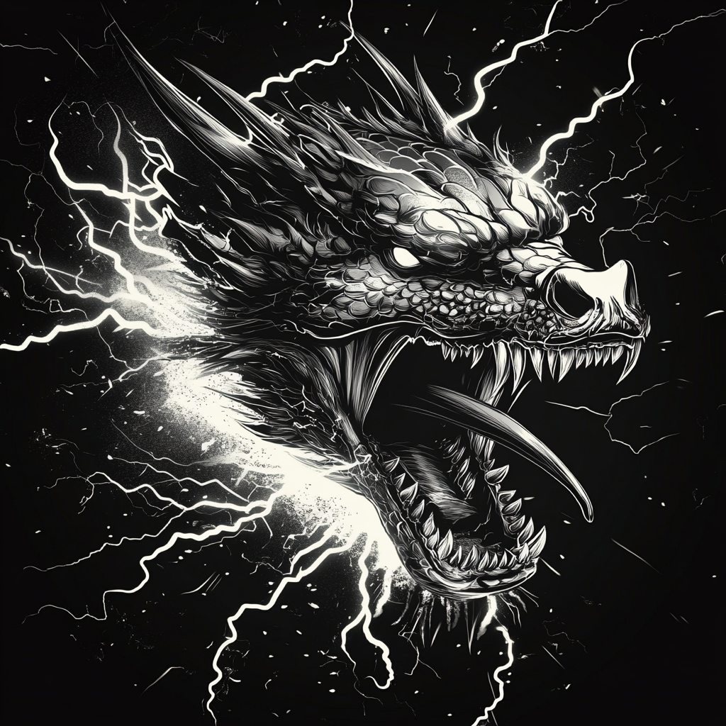 Fiery Dragon Emitting Lightning, Black and White