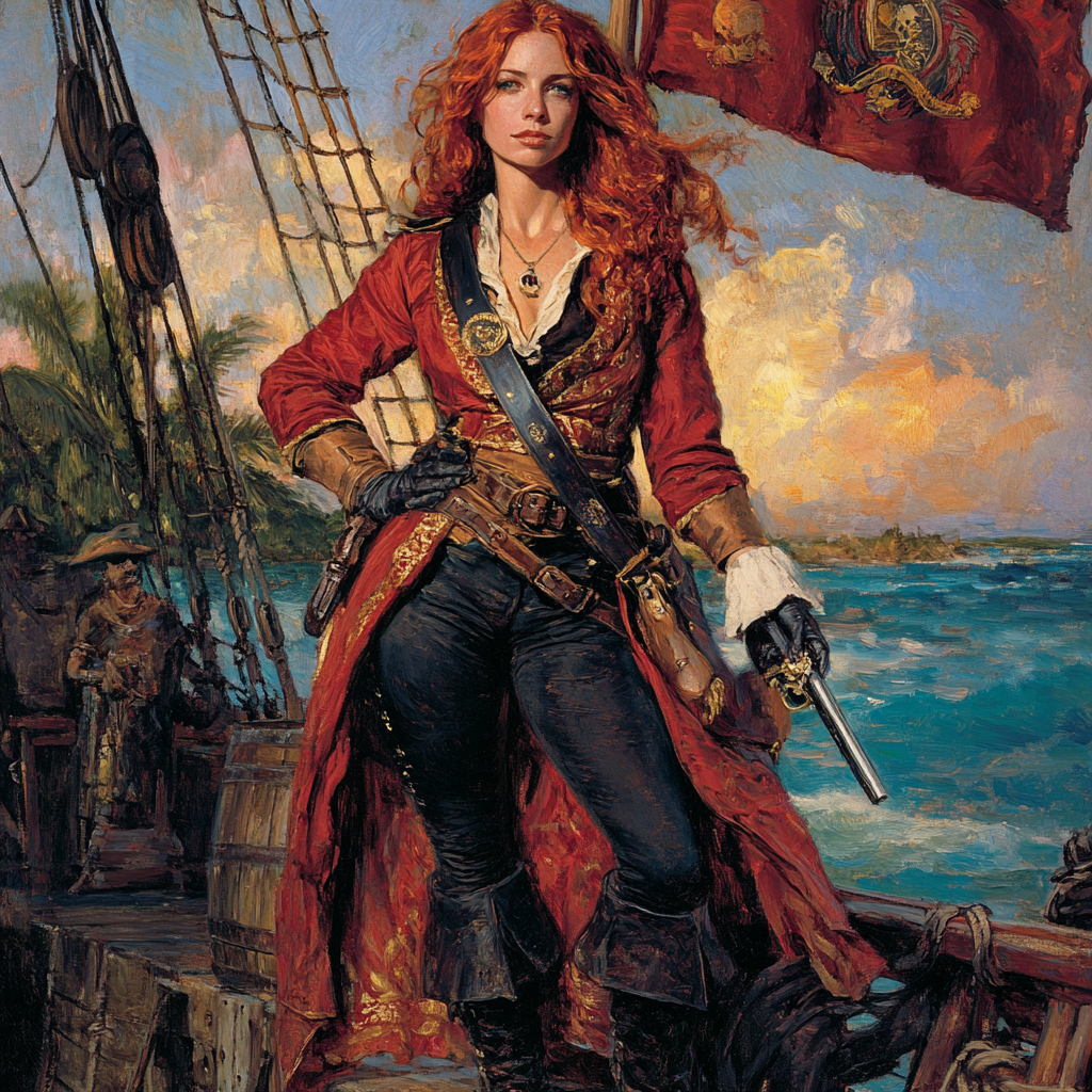 Fiery Pirate Anne Bonny stands confidently on ship deck.