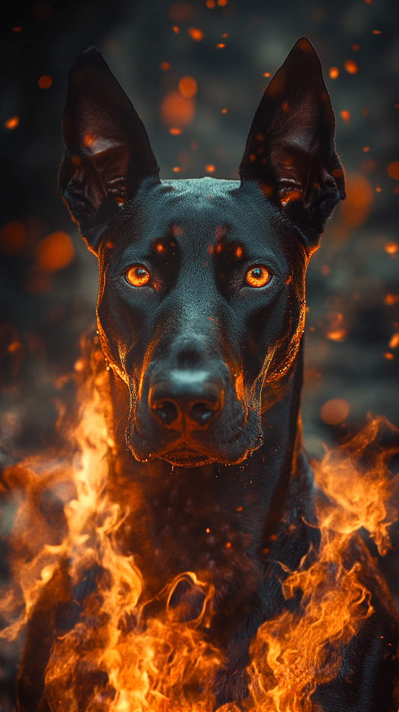 Fiery black and red Doberman with glowing eyes and flames.