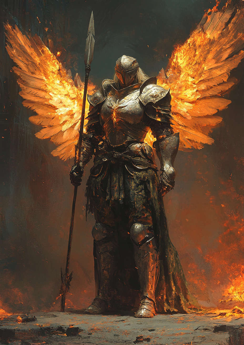 Fiery-haired fire giant priestess in medieval fantasy armor.