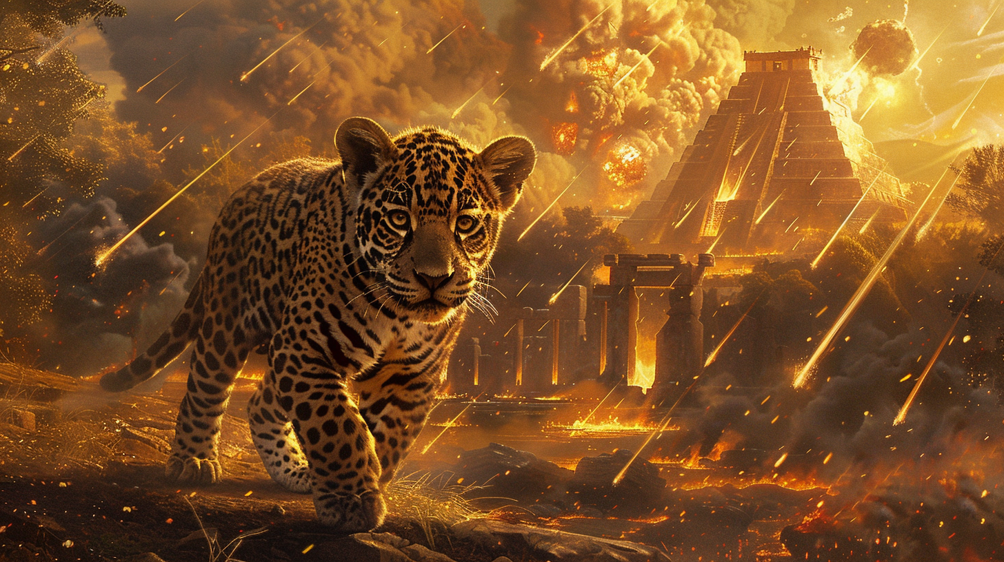 Fiery jaguar cub and ancient city under attack.