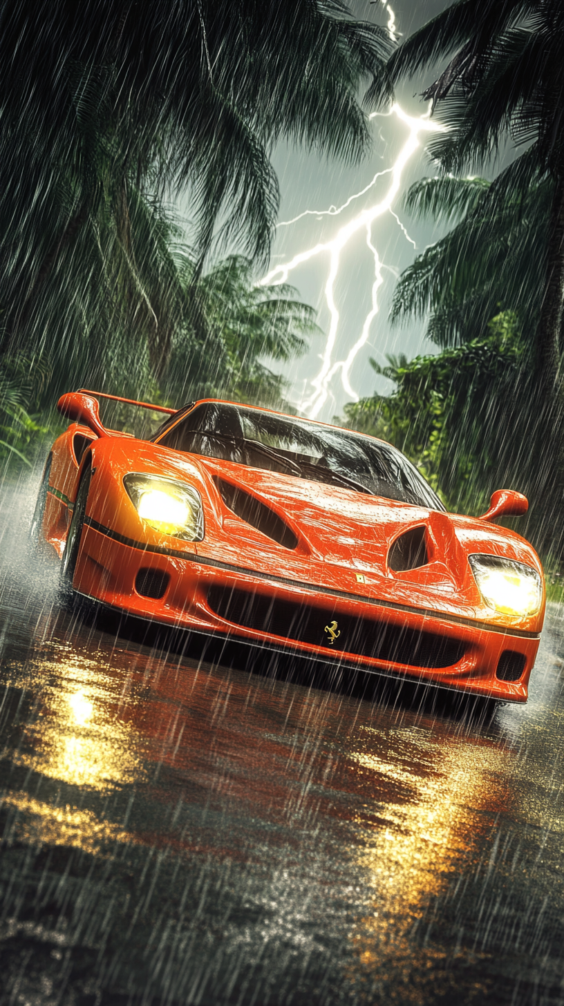 Fiery orange Ferrari F50 racing through tropical rainstorm.