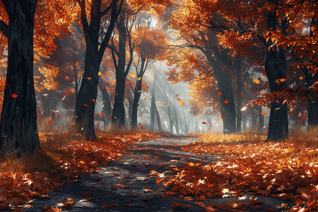 Fiery orange and red leaves fall in autumn forest.