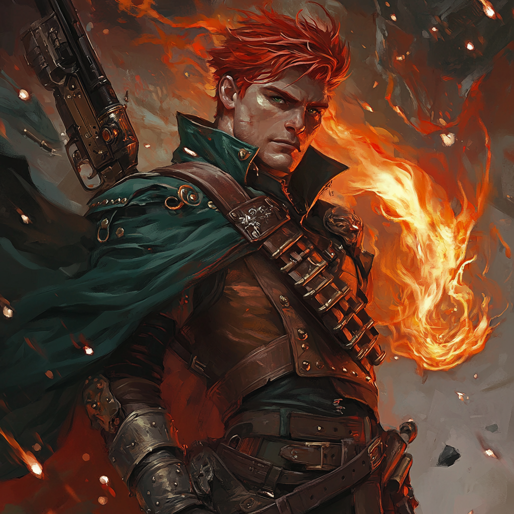 Fiery red-haired gunslinger in green cloak, dangerous and confident.