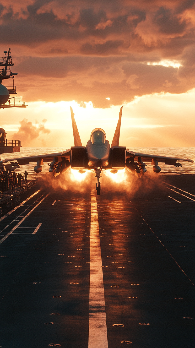 Fighter jet taking off from aircraft carrier at sunrise.