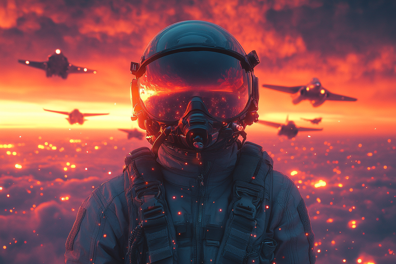 Fighter pilot in front of squadron, sun setting colors.