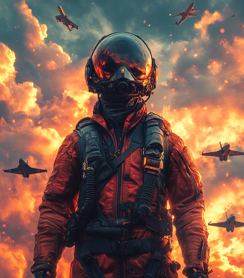 Fighter pilot in front of squadron with sunset background.