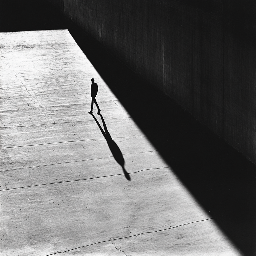 Figure Walking Towards Light and Shadow Along Path