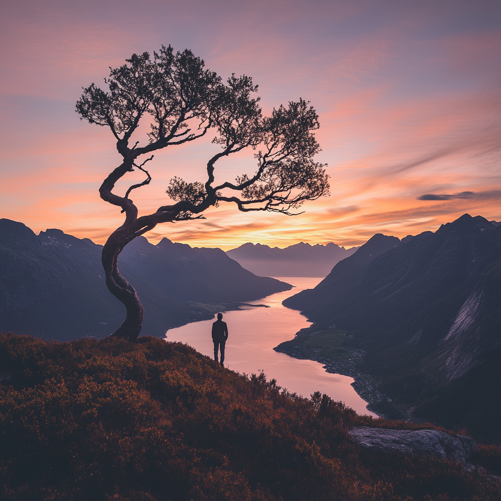 Figure admiring view of mountain and lake