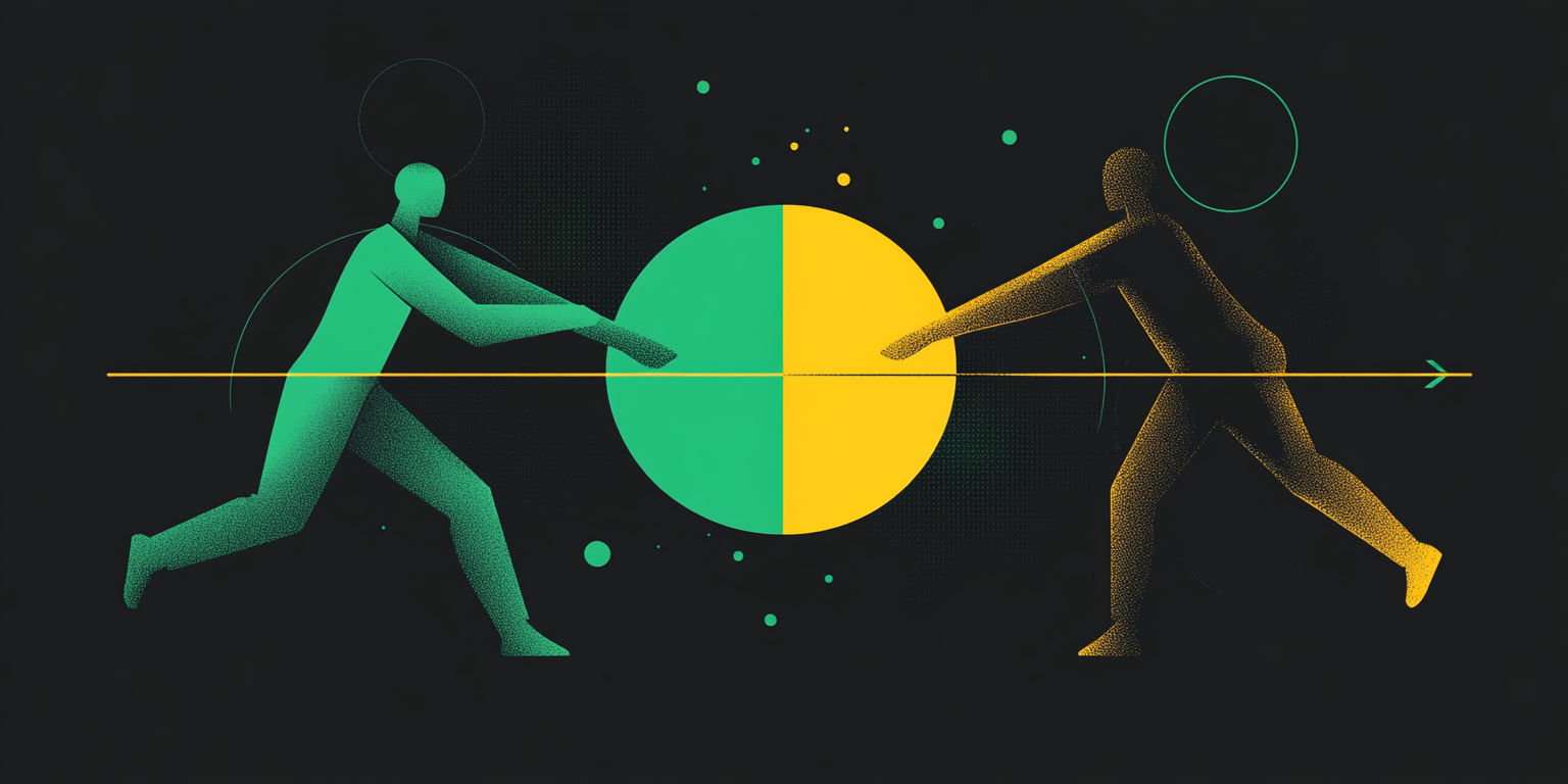 Figures interact with colorful circles and arrow in center