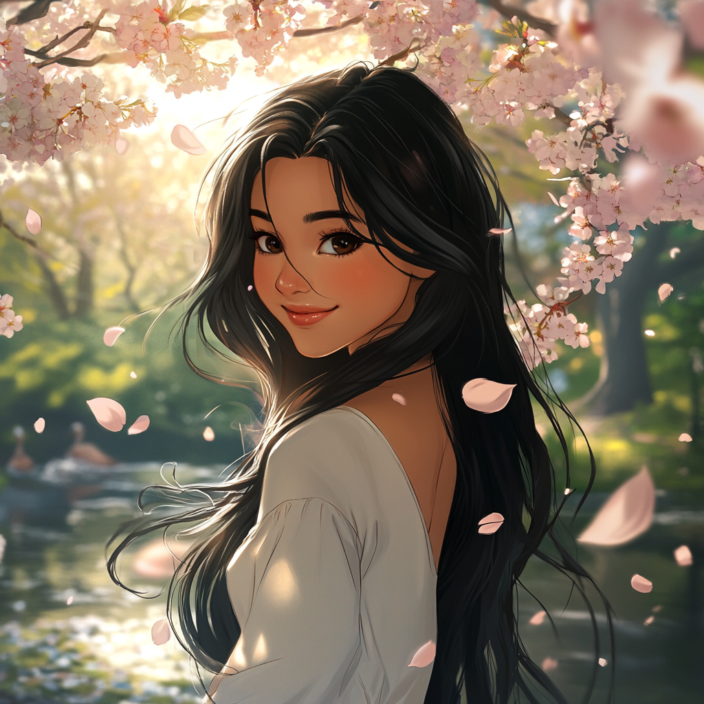 Filipino woman under cherry blossom tree in anime style