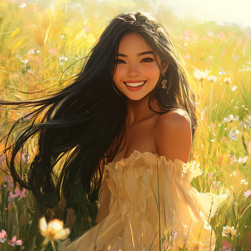 Filipino woman with black hair in wildflower field portrait.