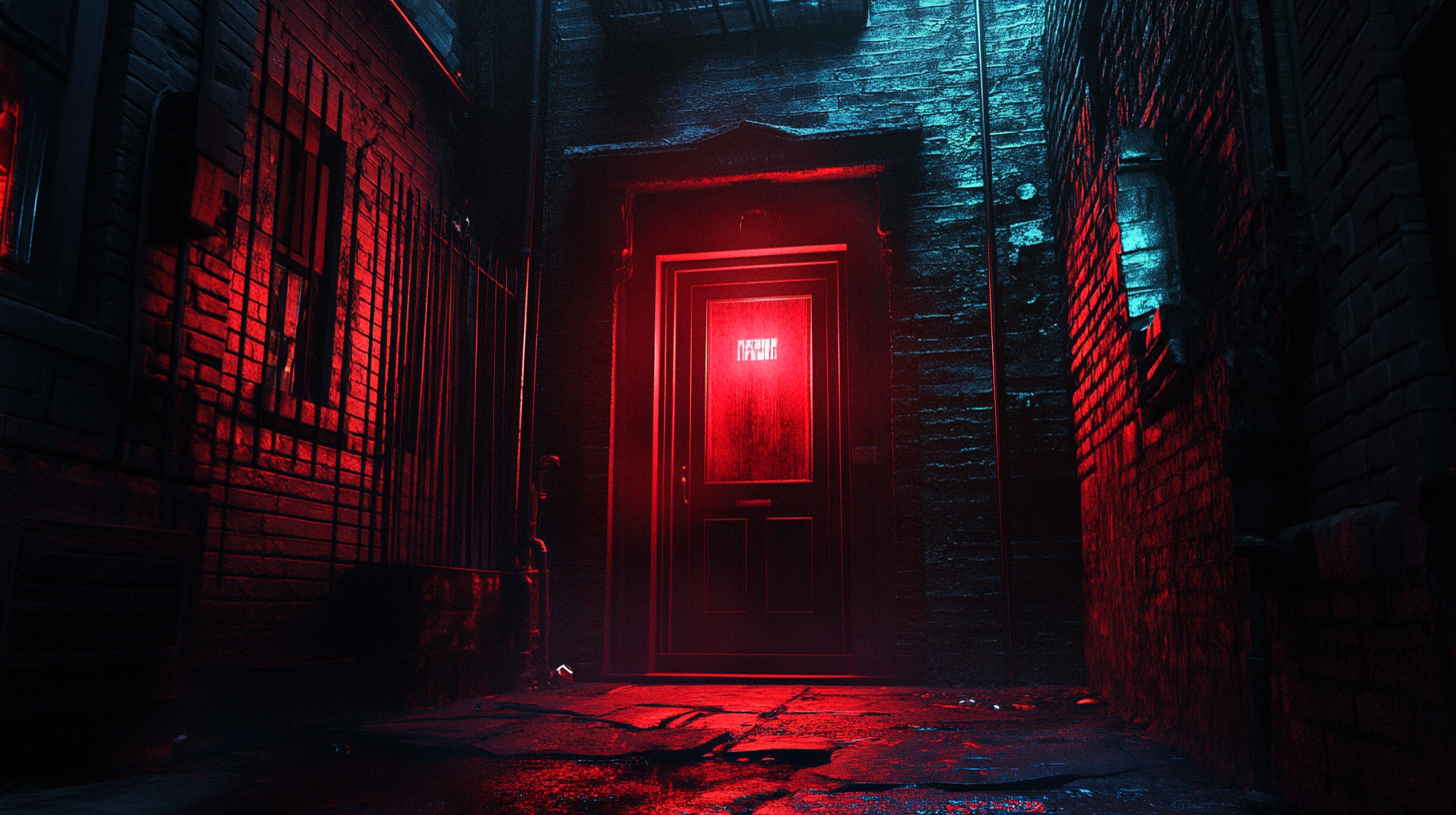 Film Noir Style Alleyway with Glowing Red Door in New York City