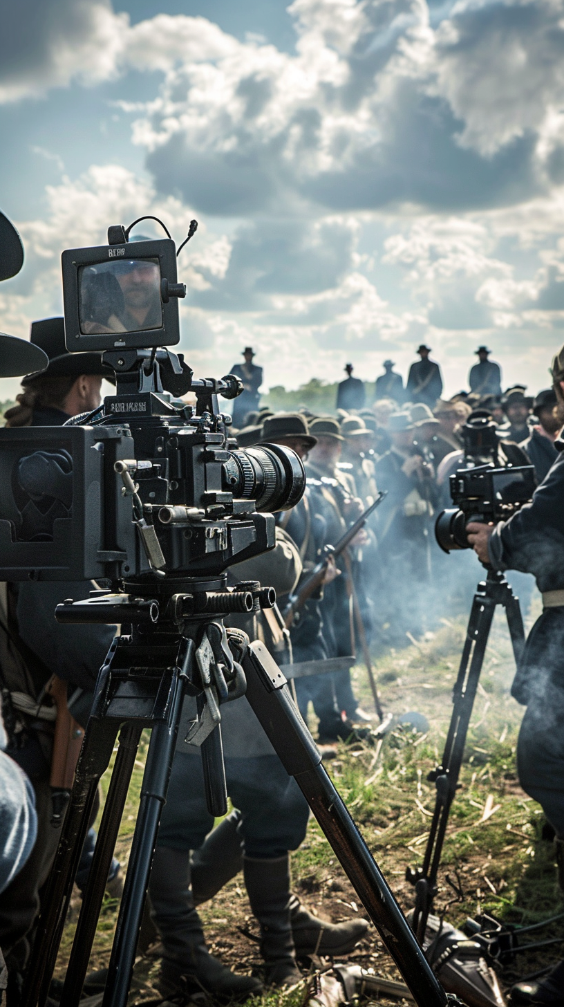 Film crew with cameras filming 'Civil War' set