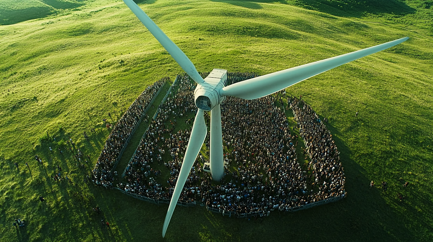 Film of wind turbine in green pasture, crowd watching.