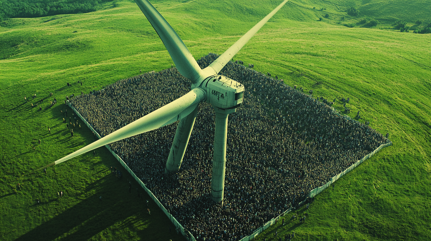 Film scene with wind turbine, bleachers, crowd, shot wide.